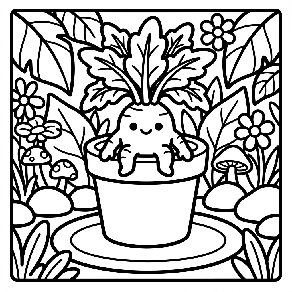 Cute root vegetable sprouting from a pot, designed as simple coloring pages with thick lines.